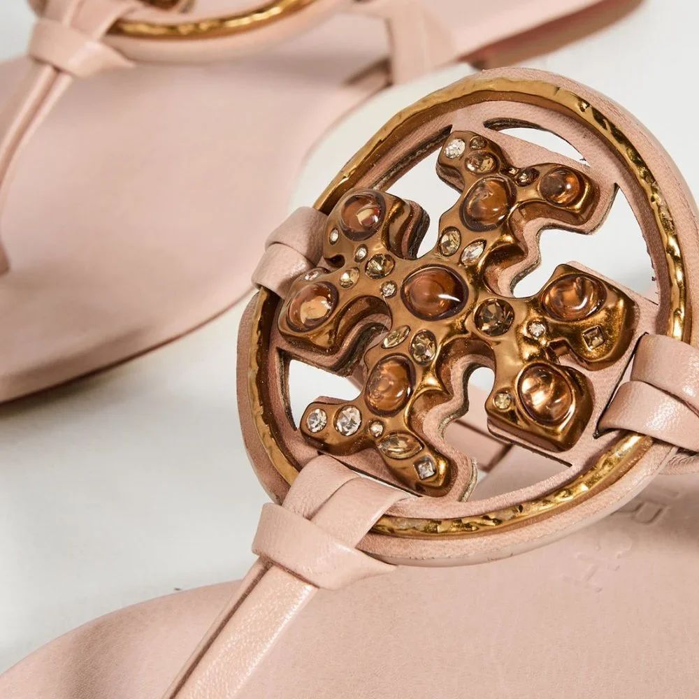 Tory Burch Miller Jeweled Leather Thong Sandals Meadowsweet Peachy Pink